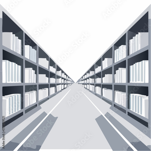 Endless Rows of Books on Gray Shelves in Perspective View