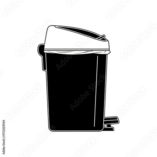 Black pedal trash can with white lid and foot pedal isolated on white background.