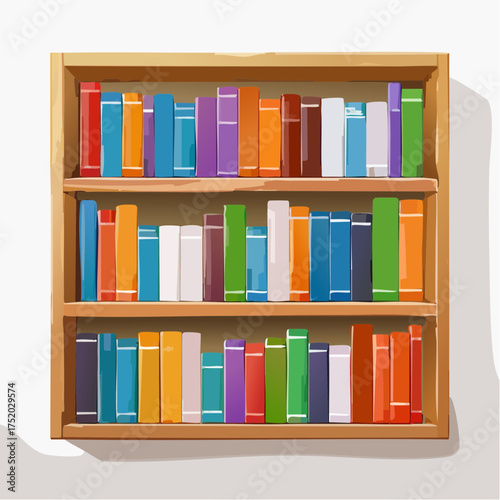 Full Wooden Bookshelf with Colorful Books on White Background in Realistic Style