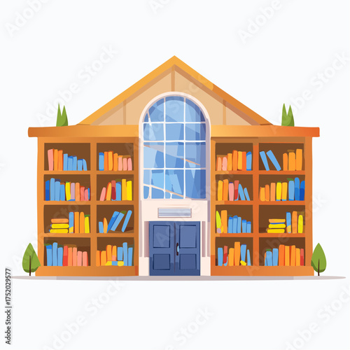 Illustration of a Library Facade with Bookshelves and Blue Double Doors Under Arched Window in Golden Yellow Setting