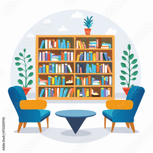 Indoor Living Room with Bookshelf Blue Armchairs and Potted Plants