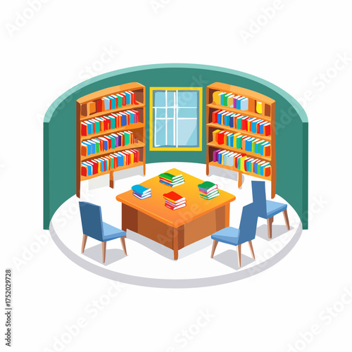 Isometric Library Interior with Teal Walls Two Bookshelves with Colorful Books Square Wooden Table Blue Chairs and Window on White Background