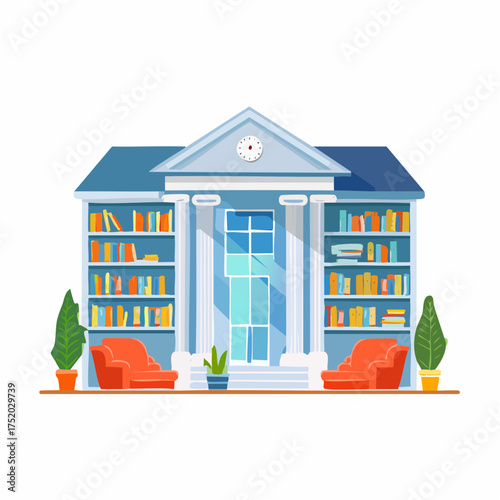 Library Facade with Bookshelves Columns Armchairs and Ornamental Plants in Flat Style
