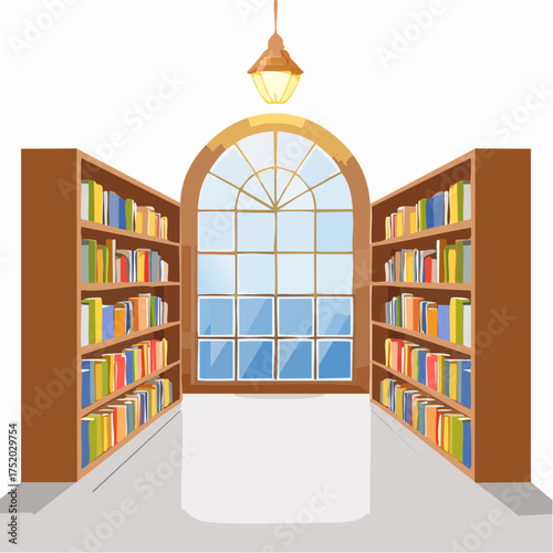 Library Interior With Arched Window And Brown Bookshelves Under Warm Light
