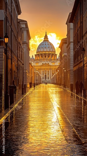 Street leads to illuminated cathedral dome under golden sunset sky after rain