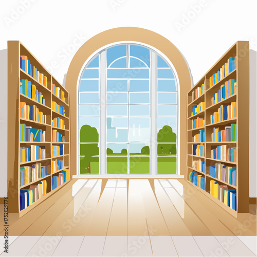 Library Interior with Tall Bookshelves and Large Window Overlooking Green Field and Sky in Daytime with Wooden Floors