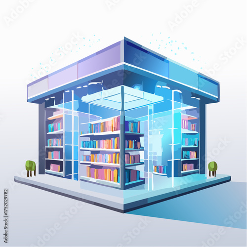 Modern Glass Library Building with Bookshelves and Geometric Design in Pastel Blue and White Colors
