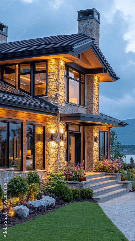 Obraz premium Stone home at dusk. Lit entrance, lawn, rocks, with moody sky backdrop