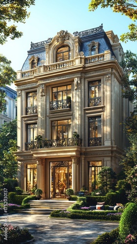 Ornate, multi-story building with classic architecture and lush garden