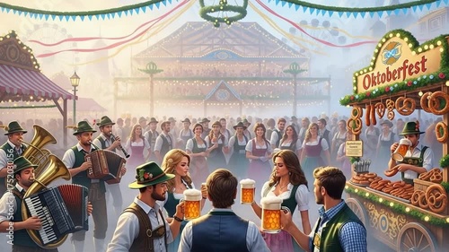 Friends Toasting Beer Mugs at a Lively Oktoberfest Festival.