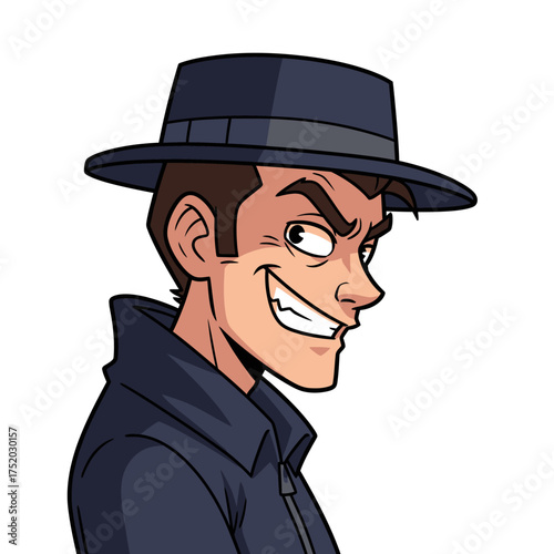 Cartoon man wearing a fedora hat and a dark jacket with a mischievous grin.