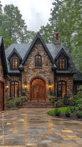 Stone cottage with arched door, gabled roof, and wet driveway in forest