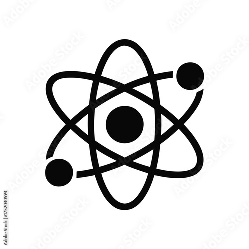 Black atom symbol with orbiting electrons on white background science molecule