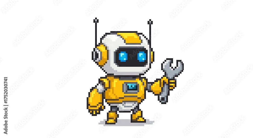 Fototapeta premium A pixel art illustration of a cute little robot with a body and head, holding a silver wrench in its hand. The robot has blue eyes on a white background.