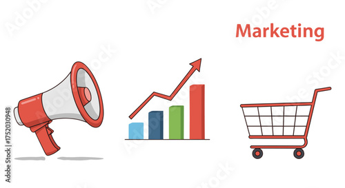 Marketing concept vector illustration. Business promotion with megaphone, sales growth chart, and shopping cart. Advertising campaign for e-commerce and retail success.