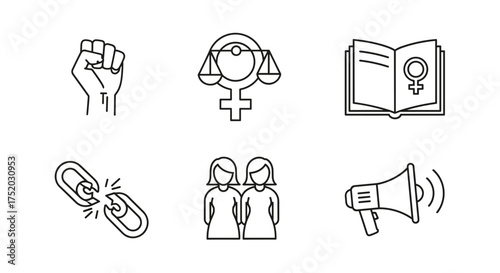 Feminism and women's rights line icon set. Gender equality, empowerment, protest, and solidarity symbols. Includes raised fist, justice scales, feminist book, and broken chain.
