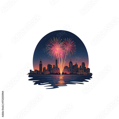 Sparkling fireworks illuminate a vibrant cityscape at dusk, reflecting in the calm water below, celebrating a special occasion