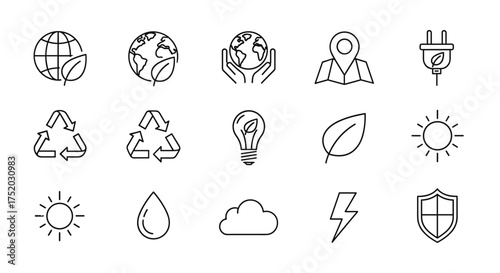 Ecology line icon set. Environment, sustainability, renewable green energy concept symbols. Vector icons of earth, recycling, leaf, sun, water, nature, eco-friendly power.