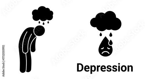 Metaphor for depression and mental disorder. Sad, lonely and unhappy person. Man under a rain cloud. Concept of anxiety, stress, sadness, grief, sorrow and despair.