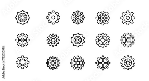 Gear line icon set. Cogwheel and cog symbols. Outline vector collection. Settings, options, configuration sign. Mechanical engineering. Technology and industry concept part.