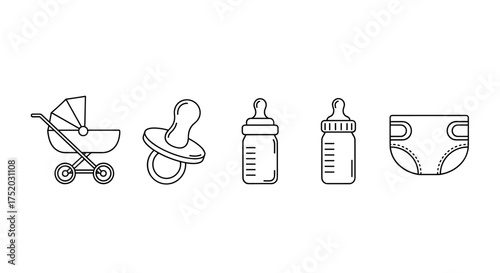 Baby care essentials line icon set. Vector symbols for newborn and infancy. Includes stroller, pacifier, feeding bottle, diaper. Childcare, parenting, baby shower graphic.