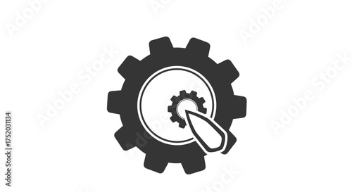 Gear with magnifying glass icon. Quality control, process analysis, and inspection concept. Focus on details, engineering, and system optimization. Finding a technical solution.