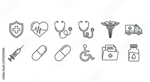 Set of medical and healthcare outline icons. Pharmacy and hospital symbols. Stethoscope, heartbeat, ambulance, syringe, pill, caduceus, wheelchair, medical record icons.