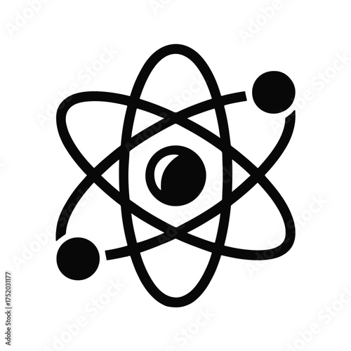 Black atom symbol with orbiting electrons on white background science