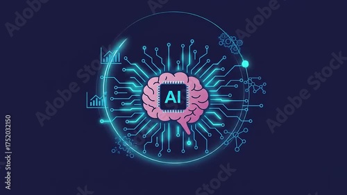 Abstract representation of artificial intelligence with a brain design, data patterns, and technology elements