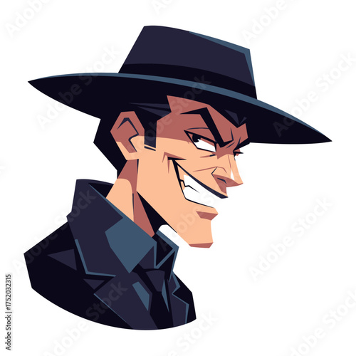 Man wearing a fedora hat and a trench coat with a sinister smile.