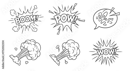Comic sound effects set. Boom, Pow, Wow text in speech bubbles. Pop art vector elements. Cartoon explosion, smoke cloud, and bang signs for funny retro book design.
