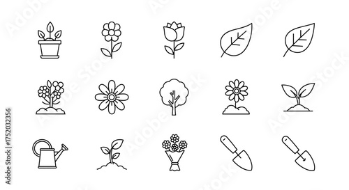 Garden plant and flower line icon set. Vector collection of nature, growth, botanical symbols. Includes potted plant, rose, leaf, tree, sprout, watering can, shovel, bouquet.