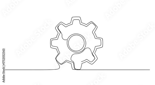 Gear continuous line art. Cogwheel one line drawing. Metaphor for mechanism, process, teamwork. Technology symbol. Engineering icon. System, settings, progress concept. Vector.
