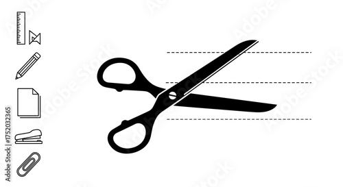 Office supply vector icon set. Scissors cutting on a dotted line. Stationery concept with pencil, ruler, paper, stapler, paperclip. Minimalist black and white silhouette design.