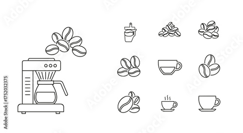 Coffee line icon set. Vector collection of outline symbols. Includes drip coffee maker machine, pot, cup, roasted beans, espresso. Graphic elements for cafe menu design.