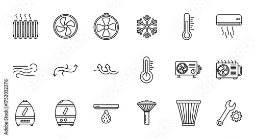 HVAC line icons set. Heating, ventilation, and air conditioning collection. Climate control symbols like radiator, fan, cooler, thermometer, humidifier, and AC unit. Service and repair.