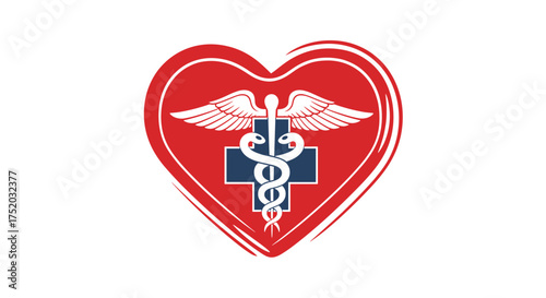 Caduceus medical symbol in a red heart with a blue cross. Healthcare and medicine icon for a pharmacy, hospital, or clinic. Cardiology and emergency health care services emblem.