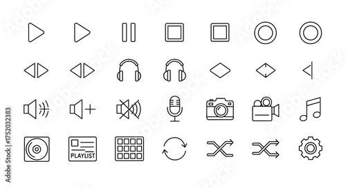 Media player line icon set. UI UX kit for web and mobile app design. Music and video interface elements. Play, pause, stop, record, volume, camera, and playlist symbols.