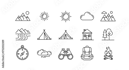 Camping and hiking line icon set. Outdoor adventure and travel elements. Nature symbols collection with mountain, tent, campfire, compass, sun, tree, and backpack.