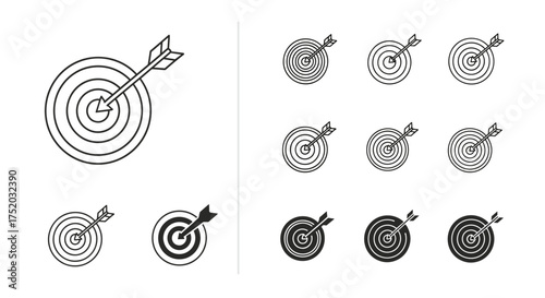 Target with arrow vector icon set. Bullseye, dartboard concept. Business goal achievement, success, strategy, accuracy, and focus. Hit the mark. Line and glyph symbols.