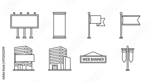 Outdoor advertising line icon set. Urban marketing and promotion vector elements. Includes blank billboard, building facade with sign, flags, roll up stand for branding.