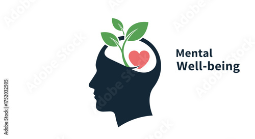 Mental well-being concept. Head silhouette with growing plant and heart. Symbol of mental health, personal growth, positive psychology, mindfulness, harmony and self-care.