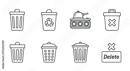 Trash bin, recycle, delete line icon set with military tank. Vector symbols for waste, garbage disposal, UI design, data deletion. Conceptual icons for pacifism, no war.