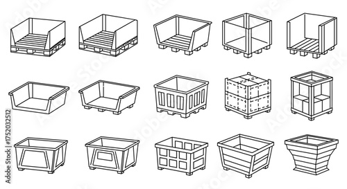 Industrial containers on pallets, storage bins, and crates collection. Warehouse equipment for transport and shipping. Vector line art illustration icon set. Isometric.