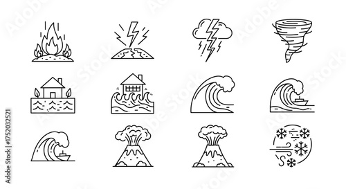 Natural disaster line icon set. Catastrophe and emergency icons. Flood, tsunami, earthquake, volcano eruption, tornado, wildfire, storm, drought, blizzard pictogram collection.