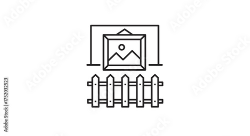 Art gallery exhibition icon. Framed landscape painting behind a fence, a metaphor for censored art, inaccessible creativity, private collection or a protected masterpiece.