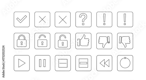 Minimalist UI line icon set for web and app interface. Vector button kit with check, cross, lock, unlock, like, dislike, play, pause, stop, refresh, alert, question marks.