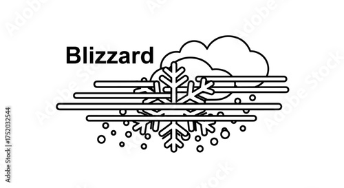 Blizzard weather icon concept. Vector line art illustration of a snowstorm with strong wind, snowflakes, and clouds. Symbol for severe winter storm, cold temperature, and heavy snowfall.