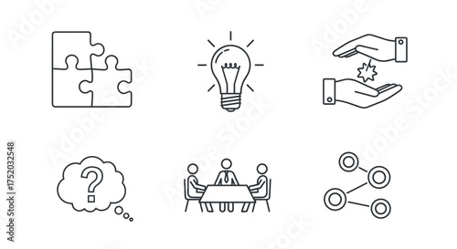 Business solution and teamwork icon set. Outline symbols for strategy, idea, collaboration, meeting, network, quality service, and support. Thin line vector graphic elements.
