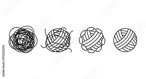 Progression of Yarn Ball Vector Icons. Tangled to Organized Wool Threads. Metaphor for Problem Solving, Mental Clarity, Complexity, Solution, Untangling, Knitting Craft, Organization.